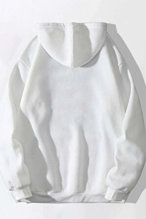 Unisex Beyaz Chicago Baskılı Oversize Kapşonlu Sweatshirt