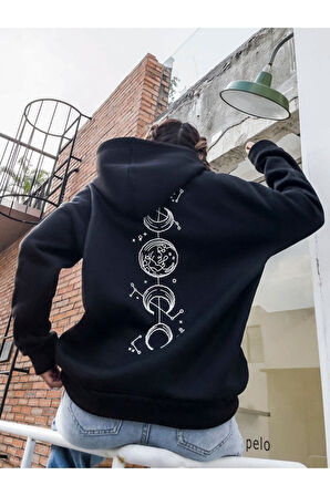 Unisex Siyah Galaksi Baskılı Oversize Kapşonlu Sweatshirt