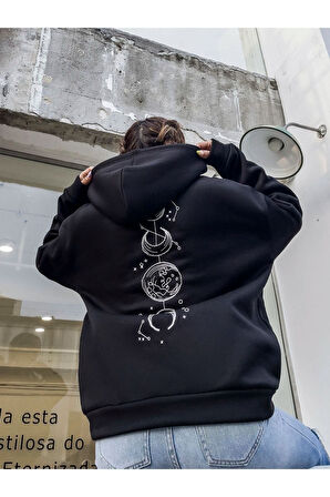Unisex Siyah Galaksi Baskılı Oversize Kapşonlu Sweatshirt