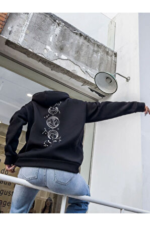 Unisex Siyah Galaksi Baskılı Oversize Kapşonlu Sweatshirt