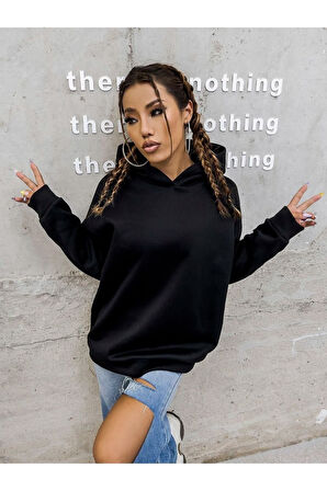 Unisex Siyah Galaksi Baskılı Oversize Kapşonlu Sweatshirt