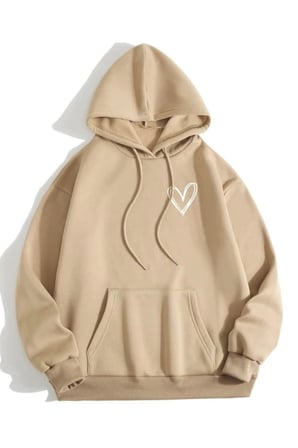 Unisex Kalp Baskılı Oversize Kapüşonlu Sweatshirt