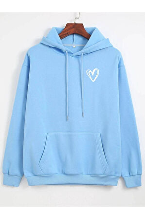 Unisex Kalp Baskılı Oversize Kapüşonlu Sweatshirt