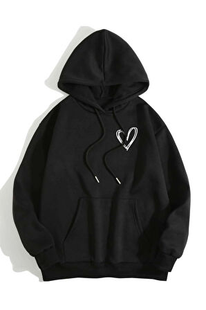 Unisex Kalp Baskılı Oversize Kapüşonlu Sweatshirt