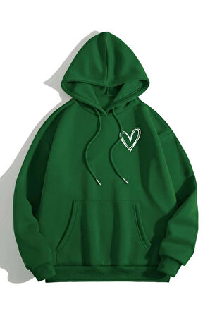 Unisex Kalp Baskılı Oversize Kapüşonlu Sweatshirt