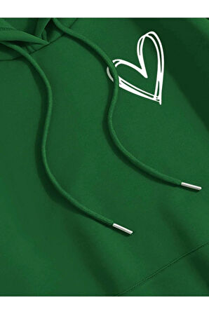 Unisex Kalp Baskılı Oversize Kapüşonlu Sweatshirt