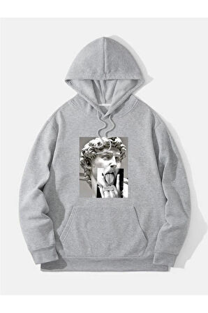 Unisex Heykel Baskılı Oversize Kapşonlu Sweatshirt