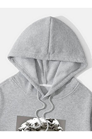 Unisex Heykel Baskılı Oversize Kapşonlu Sweatshirt