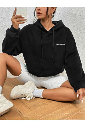 Unisex Los Angeles Baskılı Oversize Kapşonlu Sweatshirt