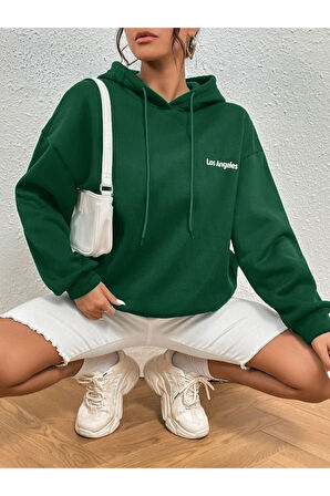 Unisex Los Angeles Baskılı Oversize Kapşonlu Sweatshirt