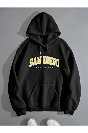 Unisex San Diego Baskılı Oversize Kapşonlu Sweatshirt
