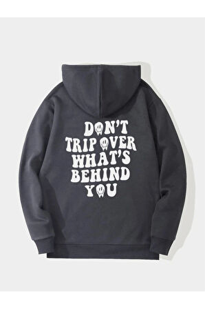 Unisex Füme Sırt Yazı Baskılı Oversize Kapşonlu Sweatshirt