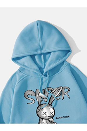 Tavşan Baskılı Oversize Kapüşonlu Sweatshirt