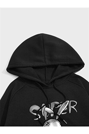 Tavşan Baskılı Oversize Kapüşonlu Sweatshirt