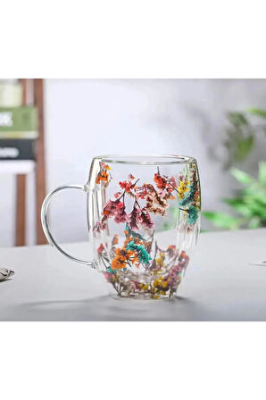 Kurutulmuş Çiçekli Bardak Camlı Çift Cidarlı Borosilikat Cam Bardak Kupa Fincan 250ml