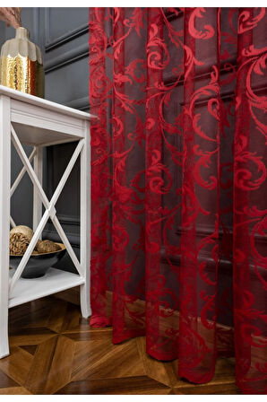Klasik Şal Desen Bordo Renk Desen Tasarım 1e3 Kat Pileli Tül Perde
