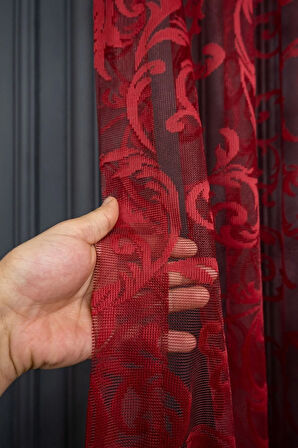 Klasik Şal Desen Bordo Renk Desen Tasarım 1e3 Kat Pileli Tül Perde