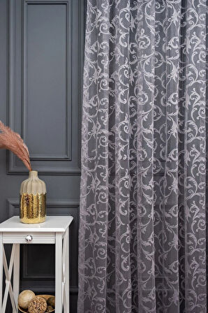 Klasik Şal Desen Gri Füme Renk Desen Tasarım 1e3 Kat Pileli Tül Perde