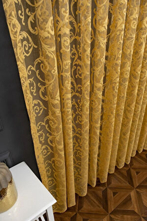Klasik Şal Desen Hardal Koyu Sarı Renk Desen Tasarım 1e3 Kat Pileli Tül Perde
