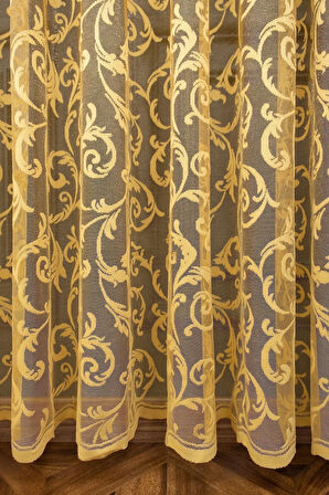 Klasik Şal Desen Hardal Koyu Sarı Renk Desen Tasarım 1e3 Kat Pileli Tül Perde