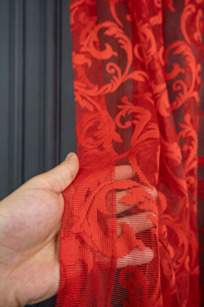 Klasik Şal Desen Kırmızı Renk Desen Tasarım 1e3 Kat Pileli Tül Perde