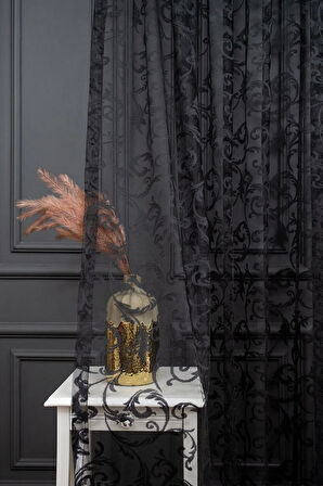 Klasik Şal Desen Siyah Renk Desen Tasarım 1e3 Kat Pileli Tül Perde