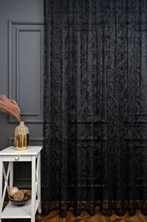 Klasik Şal Desen Siyah Renk Desen Tasarım 1e3 Kat Pileli Tül Perde