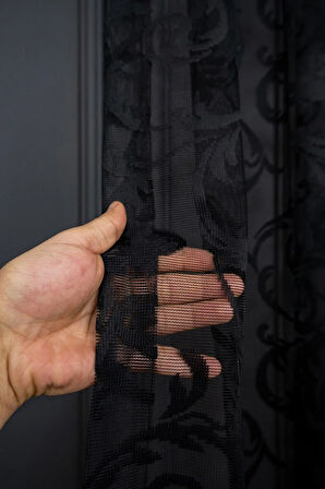 Klasik Şal Desen Siyah Renk Desen Tasarım 1e3 Kat Pileli Tül Perde