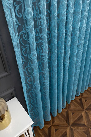 Klasik Şal Desen Turkuaz Renk Desen Tasarım 1e3 Kat Pileli Tül Perde
