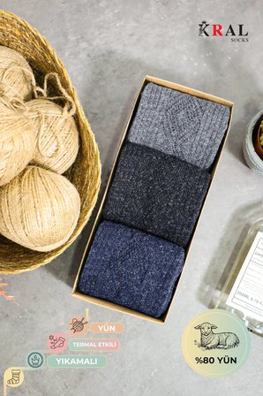 Erkek Koyun Yünlü Lambswool Kışlık 3'lü Kutulu Dikişsiz Çorap