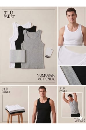 Erkek 3'lü Paket %100 Pamuklu Penye Atlet Siyah-Gri-Beyaz Renk