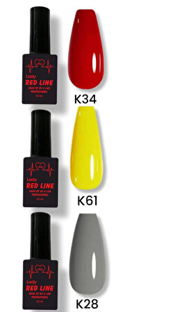 lady red line 3lü kalıcı oje seti 10ml k34 kırmızı k61 sarı k28 gri 