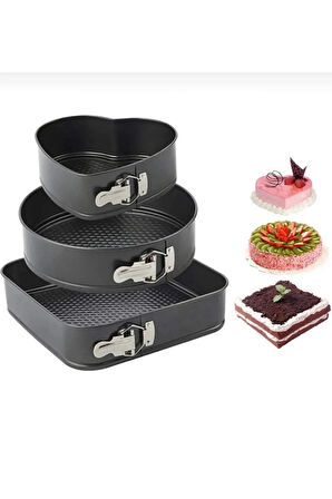 3 Parça Metal Kelepçeli Pasta Kek Kalıbı Seti Kalp Yuvarlak Kare