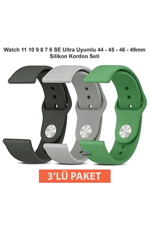 Apple Watch 11 10 9 8 7 6 SE Ultra Uyumlu 44 45 46 49mm Silikon Kordon Seti 3’lü Paket Saat Kayışı
