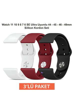 Apple Watch 11 10 9 8 7 6 SE Ultra Uyumlu 44 45 46 49mm Silikon Kordon Seti 3’lü Paket Saat Kayışı