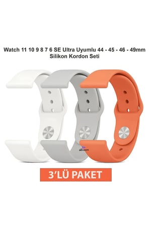Apple Watch 11 10 9 8 7 6 SE Ultra Uyumlu 44 45 46 49mm Silikon Kordon Seti 3’lü Paket Saat Kayışı