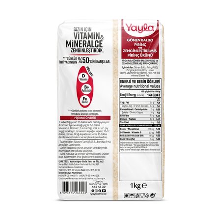 Yayla Gönen Baldo Pirinç ve Zenginleştirilmiş Pirinç Ürünü (D+B9+Fe) 1 kg x3