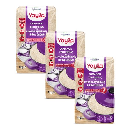 Yayla Osmancık Yerli Pirinç ve Zenginleştirilmiş Pirinç Ürünü (D+B9+Fe) 1 kg x3