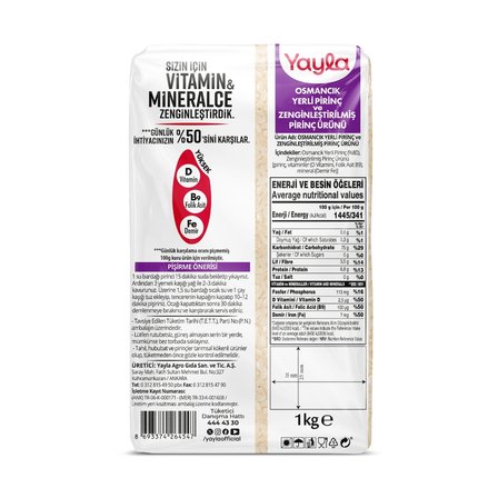 Yayla Osmancık Yerli Pirinç ve Zenginleştirilmiş Pirinç Ürünü (D+B9+Fe) 1 kg x3