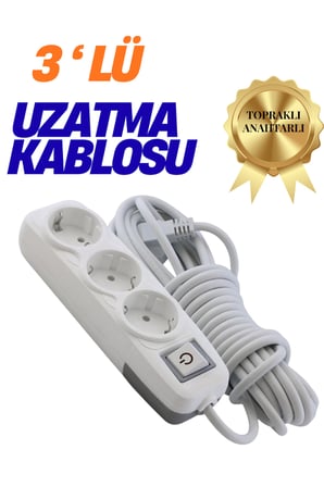 KLC 3'lü Grup Priz 5 Metre Anahtarlı Topraklı Çocuk Korumalı Uzatma Kablosu Seyyar Kablo 3lü Priz