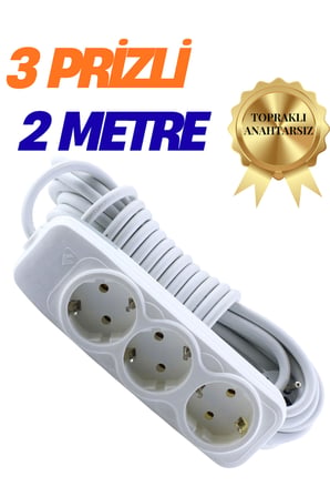 KLC 3'lü Grup Priz 2 Metre Topraklı Çocuk Korumalı Uzatma Kablosu Seyyar Kablo 3lü Priz 3lü 2m