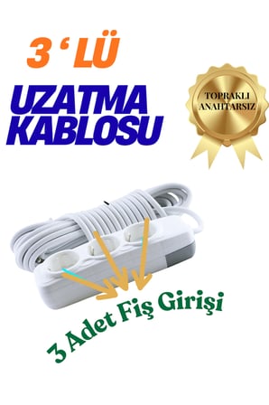KLC 3'lü Grup Priz 3 Metre Topraklı Çocuk Korumalı Uzatma Kablosu Seyyar Kablo 3lü Priz 3lü Fiş