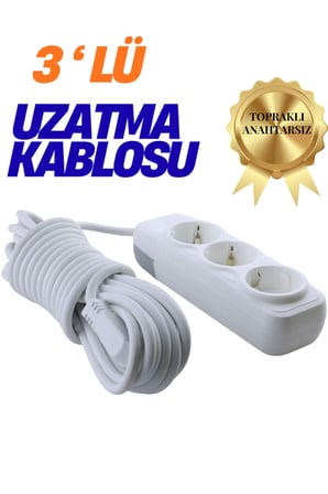 KLC 3'lü Grup Priz 3 Metre Topraklı Çocuk Korumalı Uzatma Kablosu Seyyar Kablo 3lü Priz 3lü Fiş
