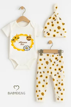 Abisinin Balı Yazılı 3’lü Bebek Takımı Kısa Kollu Çıtçıtlı Body, Fitilli Pantolon,Bere Arı Desenli