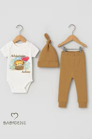 Abisinin Aslanı Yazılı 3’lü Bebek Takımı %100 Pamuklu Çıtçıtlı Zıbın, Şapka ve Fitilli Pantolon Set