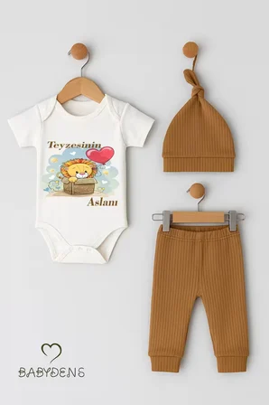 Teyzesinin Aslanı Yazılı 3’lü Bebek Takımı - Çıtçıtlı Body, Ribana Pantolon ve Şapka %100 Pamuk Set