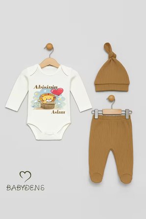 Abisinin Aslanı Yazılı 3’lü Bebek Takımı Uzun Kollu Çıtçıtlı Body,Fitilli Patikli Pantolon Şapka Set