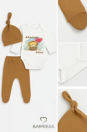 Abisinin Aslanı Yazılı 3’lü Bebek Takımı Uzun Kollu Çıtçıtlı Body,Fitilli Patikli Pantolon Şapka Set