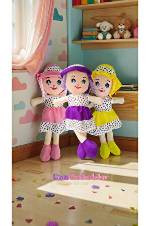 3lü Set Mor-Sarı-Pembe Bez Bebek Peluş Oyuncak Hediyelik Oyuncak Bebek 50cm Bez Bebekler