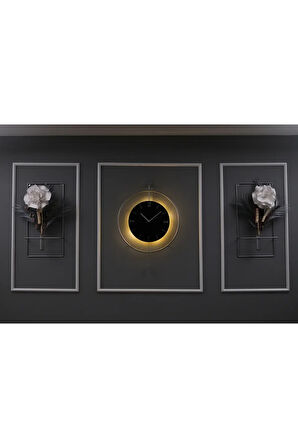 5'li Gümüş Siyah Kristal Elegante Set - Büyük Boy (50X75CM) - Modern Duvar Saati